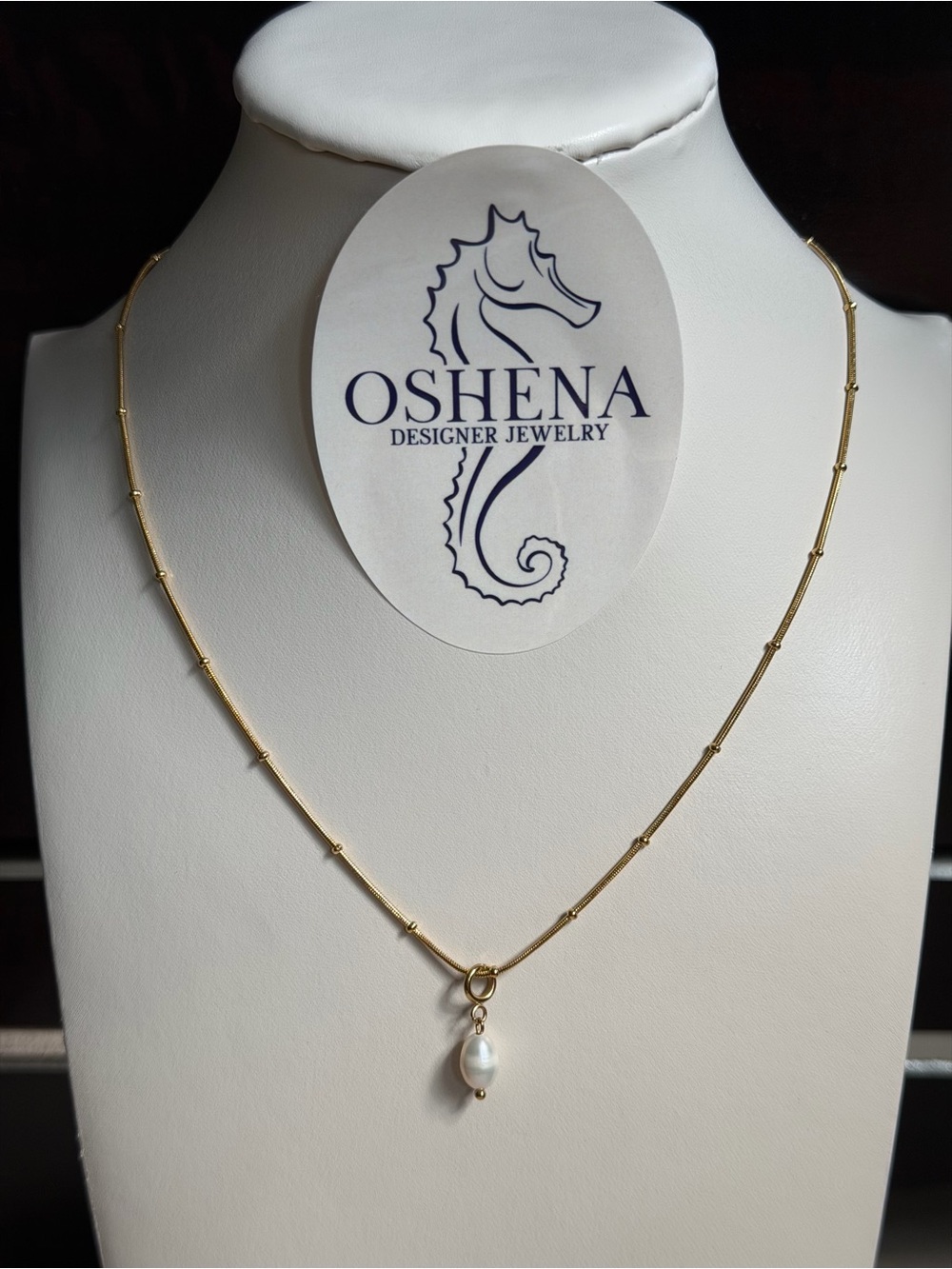 OSHENA Gold Pearl Drop Necklace - Elegant Women’s Jewelry - Picture 2 of 4
